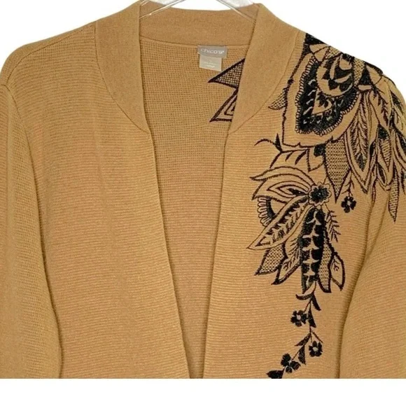 Chico's Long Camel Cardigan with Black Floral Embroidered Design EUC - Picture 4 of 12